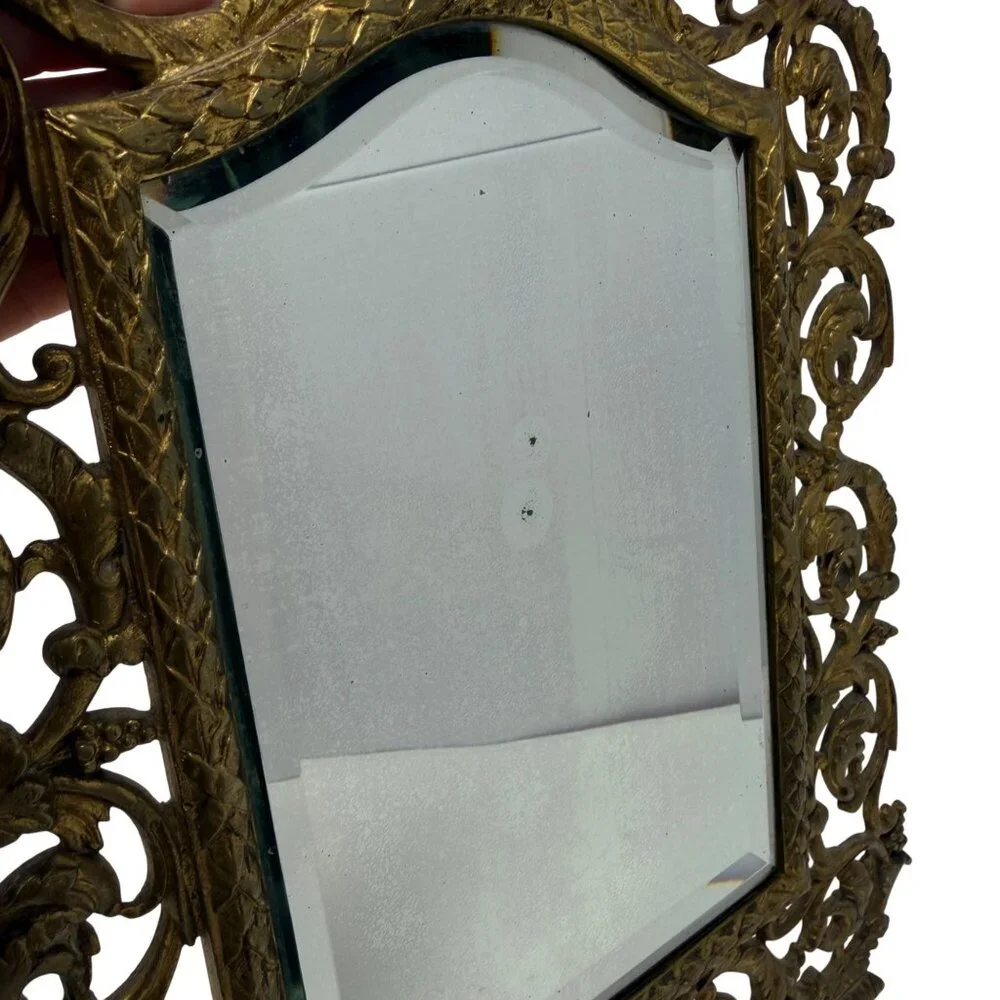 1800s Antique Victorian Bacchus Gilded Brass Wall Mirror Beveled Glass